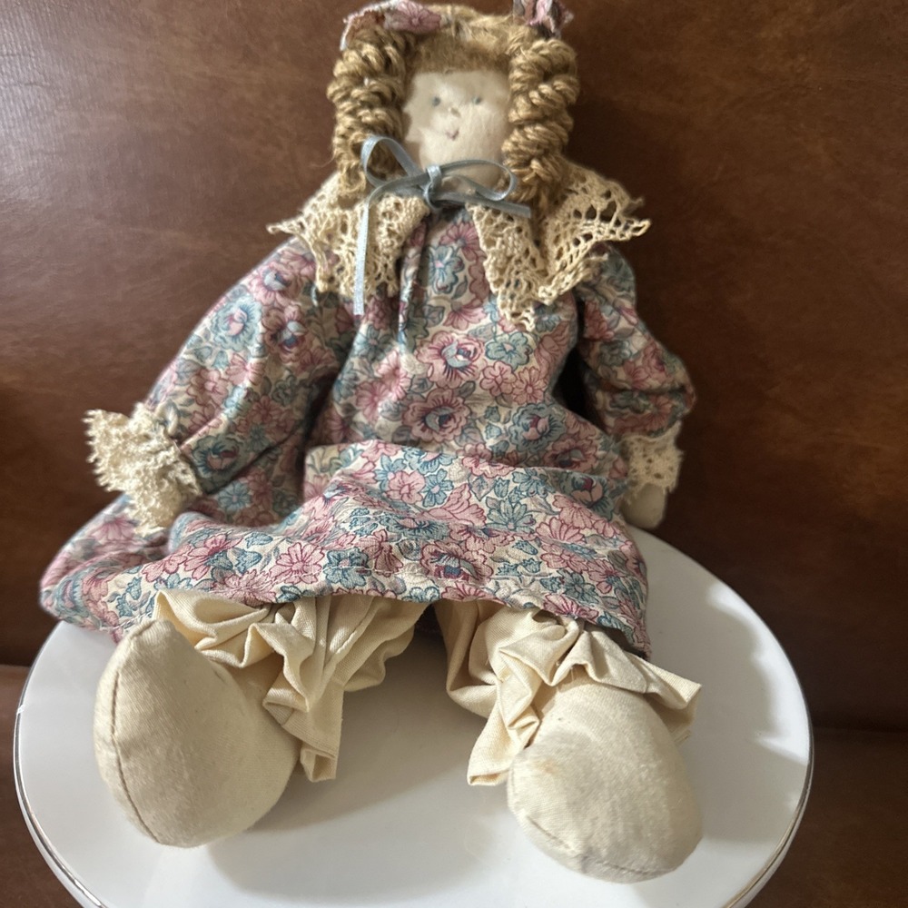 Vintage Hand Made Cloth Doll & Clothes 12" Long Floral Dress Solid Knickers